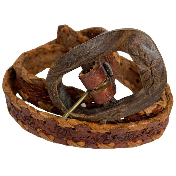 Unique Wooden Buckled Hand-carved Hand-Tooled Genuine Leather Western Braid Belt - Picture 12 of 13